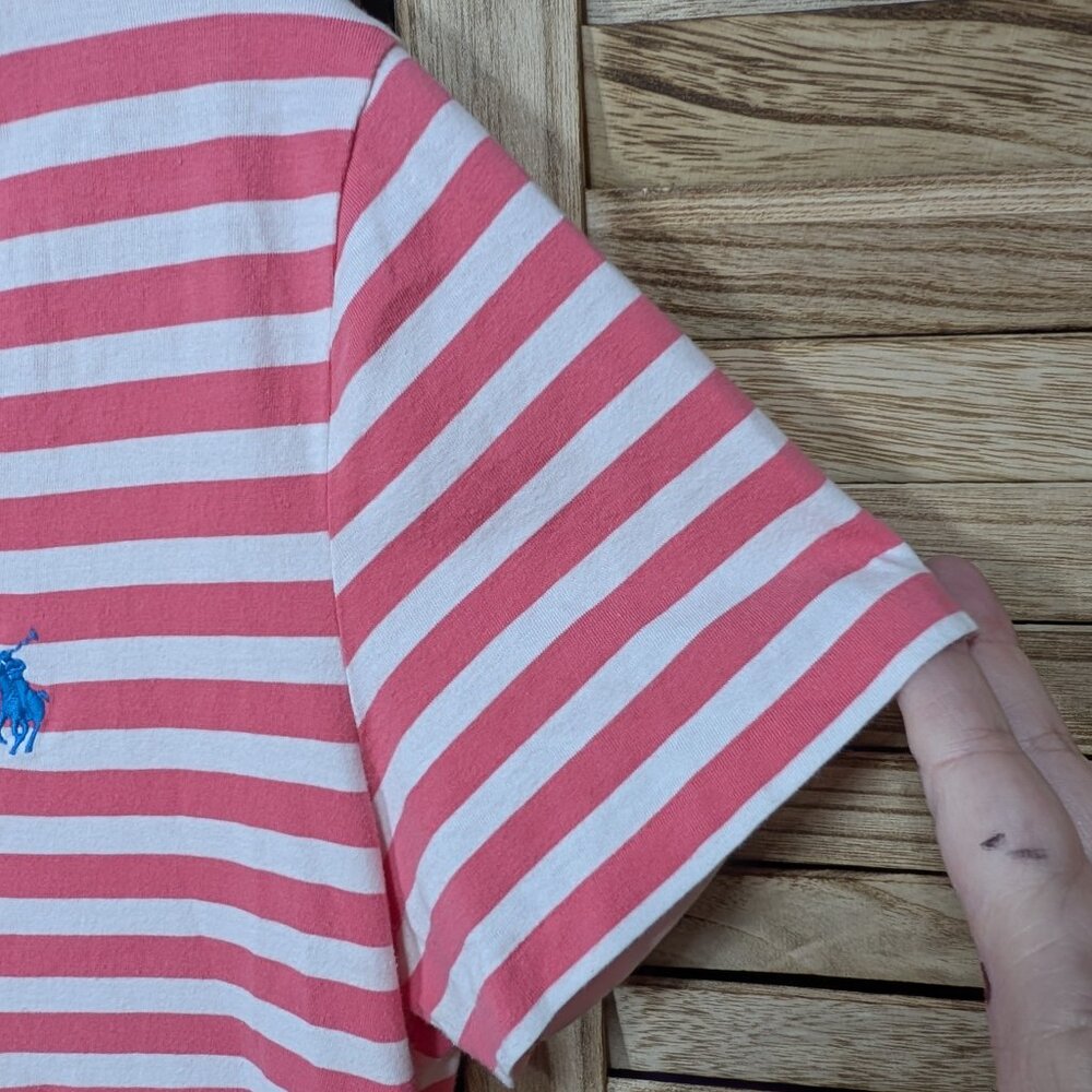 Ralph Lauren Sport T-Shirt Striped V-Neck with Logo Pink White Vintage Size XL - Picture 4 of 9